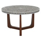 Black and White Mother of Pearl Design Top Round Coffee Table with Wood Base | Fusion