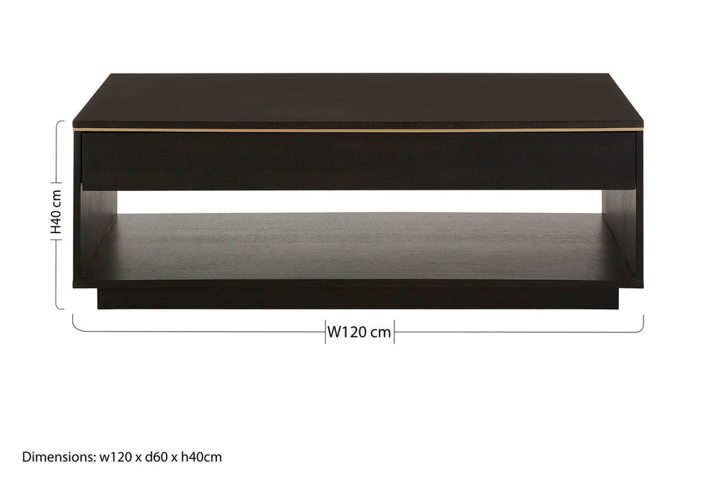 Black Oak Veneer 1-Drawer Coffee Table with Gold Finish Trim and Lower Storage Shelf | Diamond