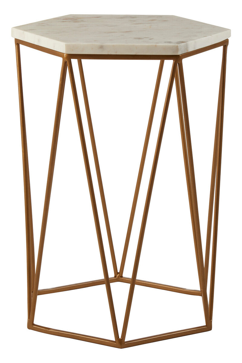 White Solid Marble Top Hexagonal Side Table with Gold Finish Metallic Frame | Shalimar