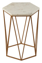 White Solid Marble Top Hexagonal Side Table with Gold Finish Metallic Frame | Shalimar