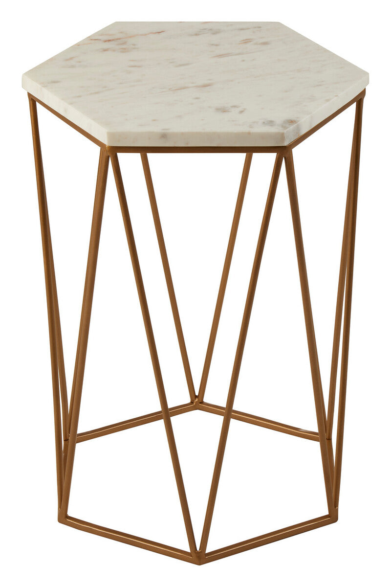 White Solid Marble Top Hexagonal Side Table with Gold Finish Metallic Frame | Shalimar