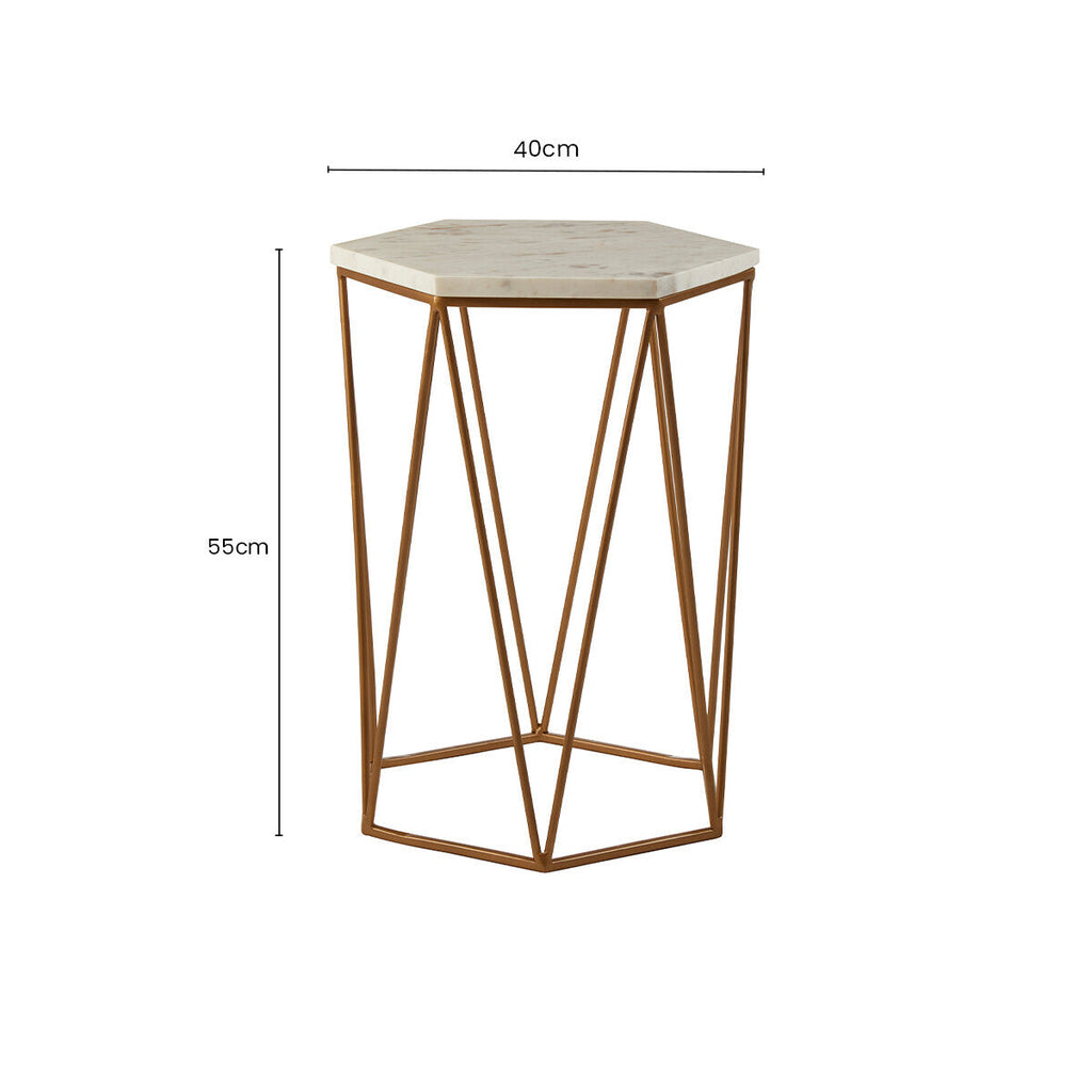 White Solid Marble Top Hexagonal Side Table with Gold Finish Metallic Frame | Shalimar