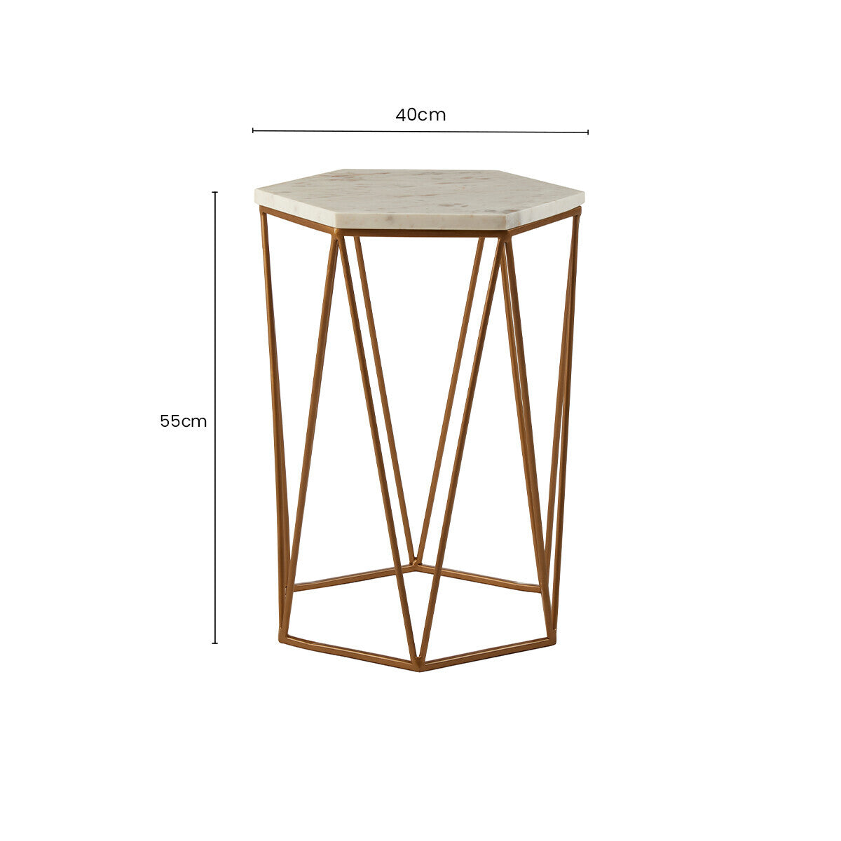 White Solid Marble Top Hexagonal Side Table with Gold Finish Metallic Frame | Shalimar
