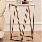 White Solid Marble Top Hexagonal Side Table with Gold Finish Metallic Frame | Shalimar