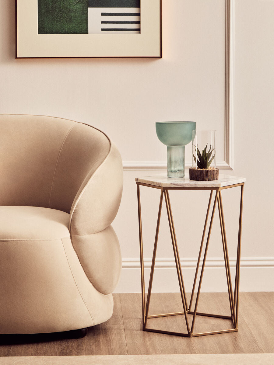 White Solid Marble Top Hexagonal Side Table with Gold Finish Metallic Frame | Shalimar