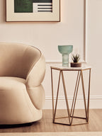 White Solid Marble Top Hexagonal Side Table with Gold Finish Metallic Frame | Shalimar