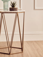 White Solid Marble Top Hexagonal Side Table with Gold Finish Metallic Frame | Shalimar