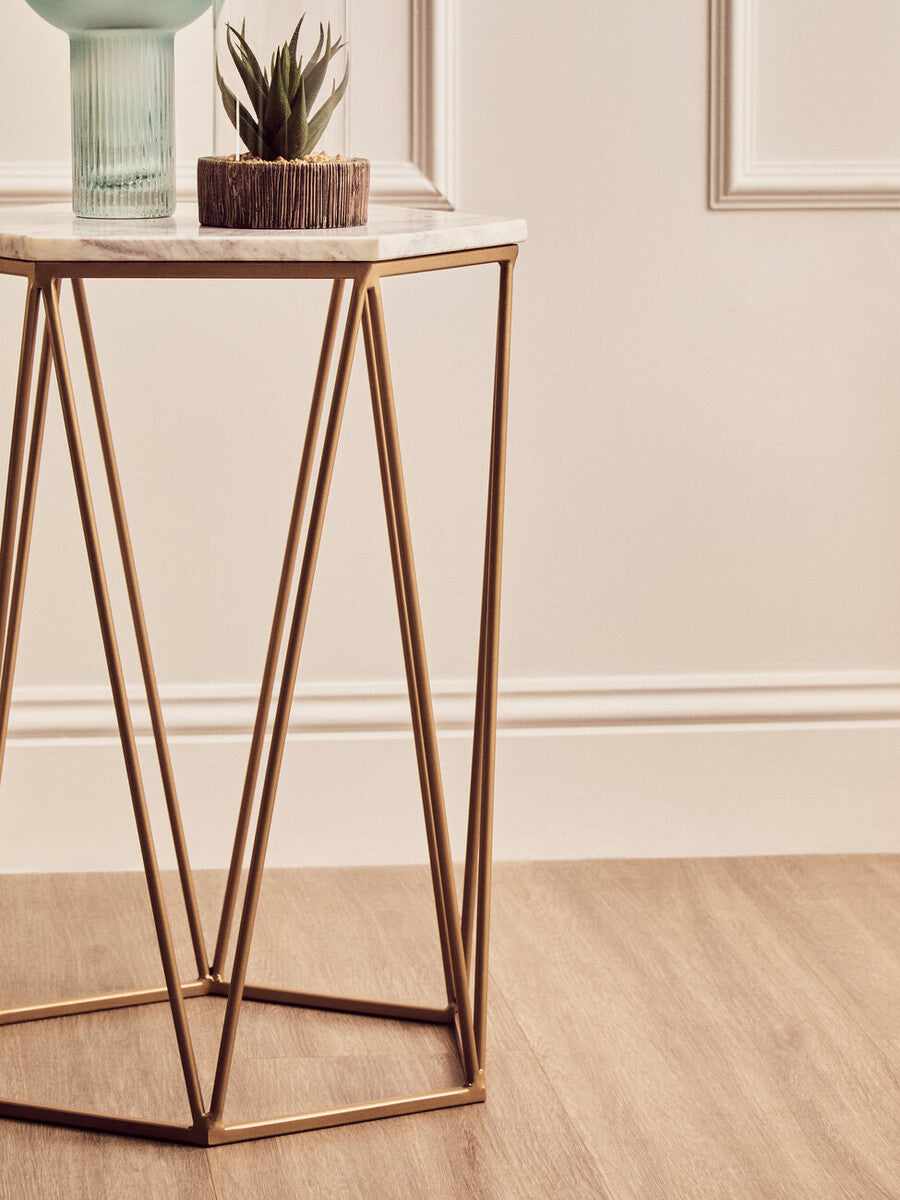 White Solid Marble Top Hexagonal Side Table with Gold Finish Metallic Frame | Shalimar