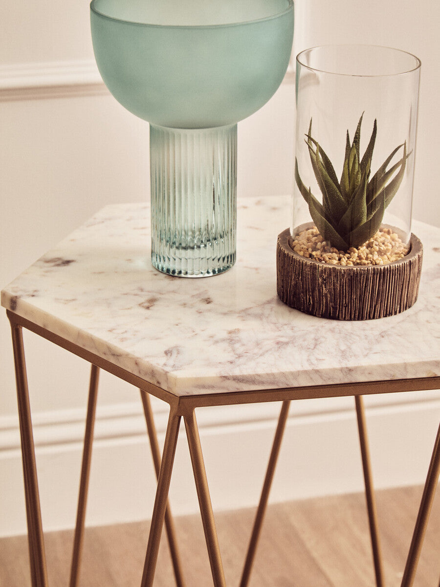 White Solid Marble Top Hexagonal Side Table with Gold Finish Metallic Frame | Shalimar
