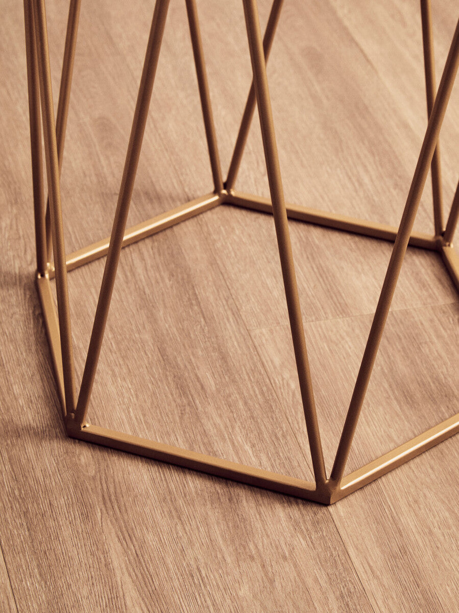 White Solid Marble Top Hexagonal Side Table with Gold Finish Metallic Frame | Shalimar