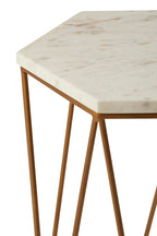 White Solid Marble Top Hexagonal Side Table with Gold Finish Metallic Frame | Shalimar