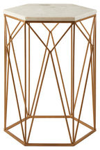 White Marble Top Side Table with Geometric Open Frame Gold Metallic Base | Shalimar