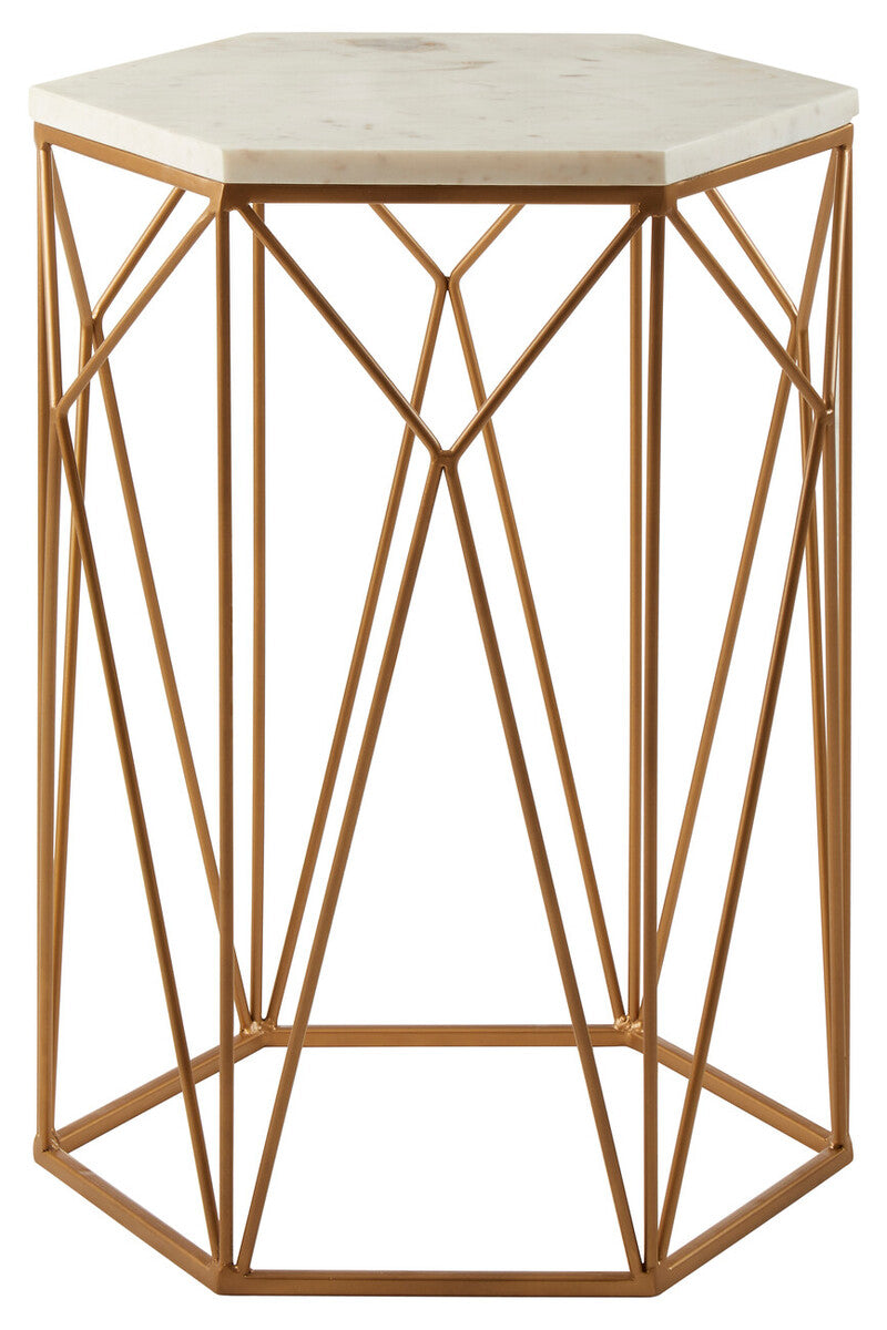 White Marble Top Side Table with Geometric Open Frame Gold Metallic Base | Shalimar