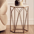 White Marble Top Side Table with Geometric Open Frame Gold Metallic Base | Shalimar