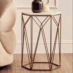 White Marble Top Side Table with Geometric Open Frame Gold Metallic Base | Shalimar
