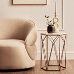 White Marble Top Side Table with Geometric Open Frame Gold Metallic Base | Shalimar