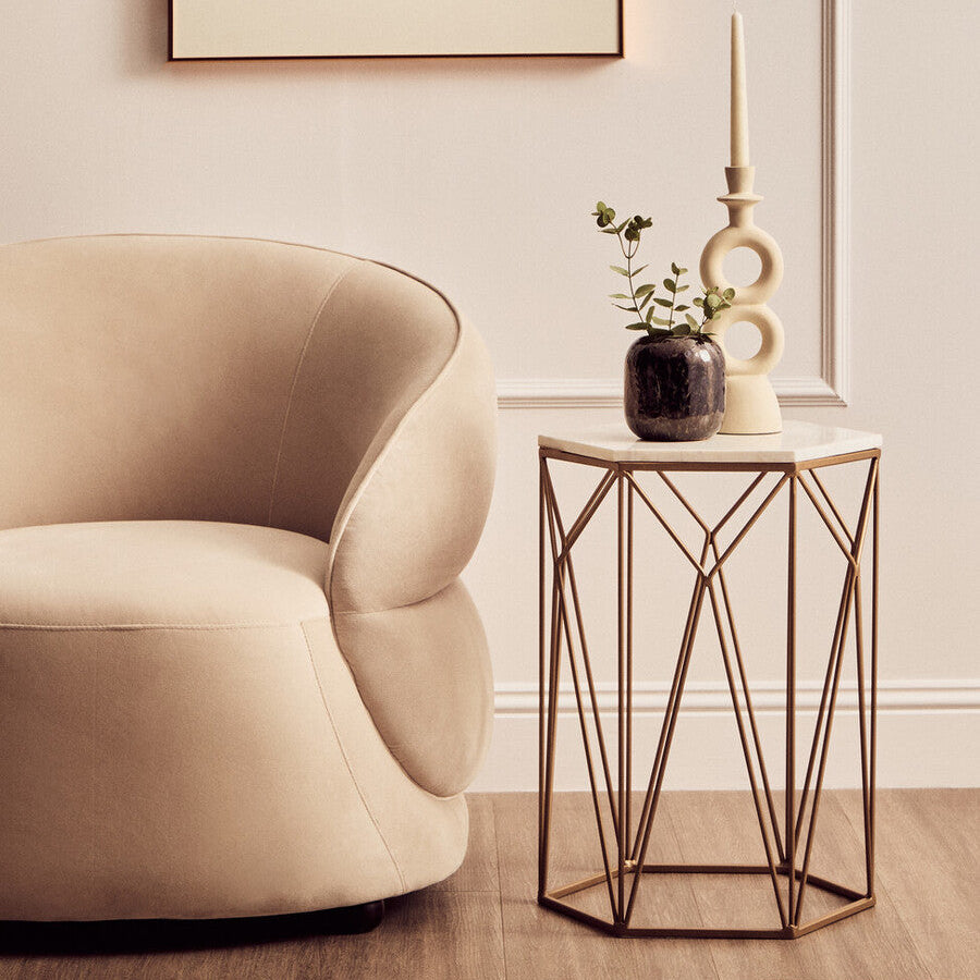 White Marble Top Side Table with Geometric Open Frame Gold Metallic Base | Shalimar