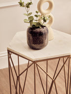 White Marble Top Side Table with Geometric Open Frame Gold Metallic Base | Shalimar
