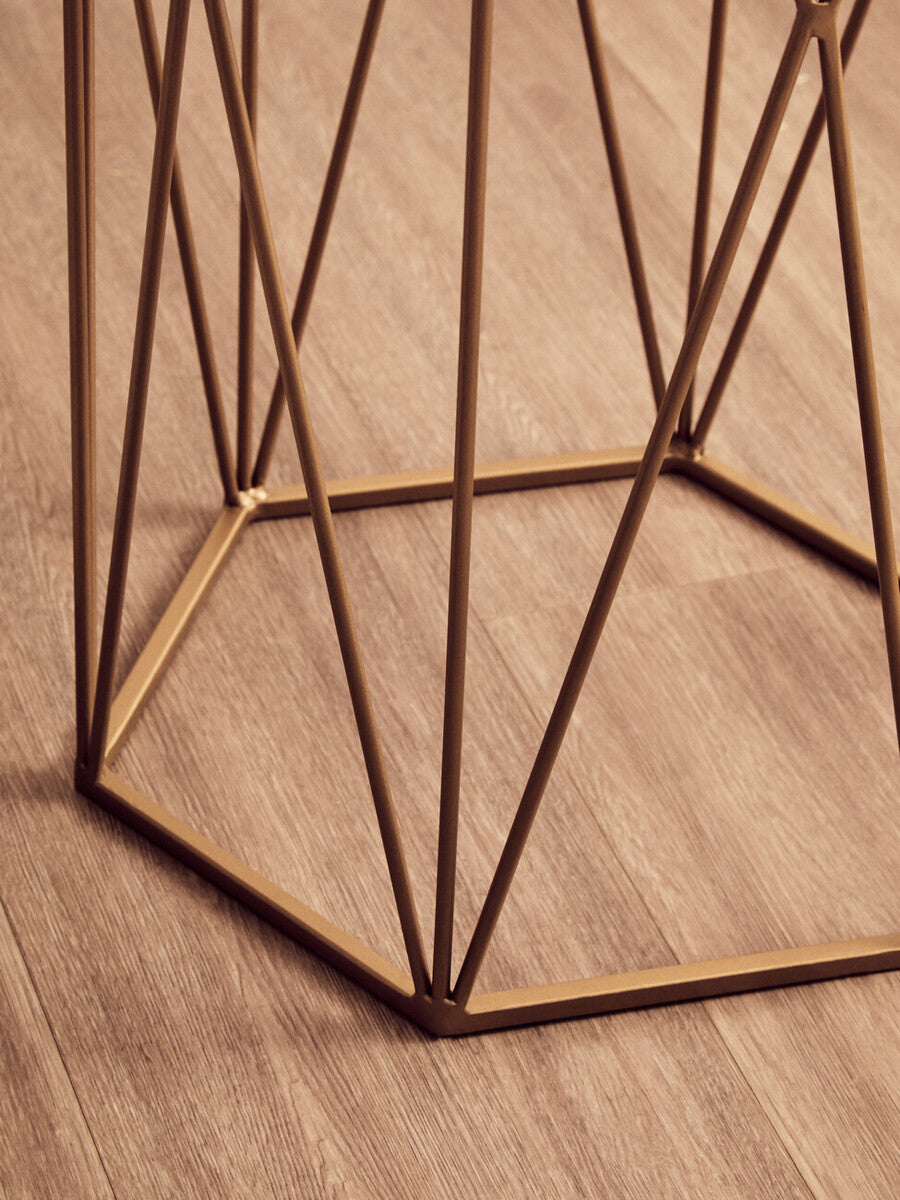 White Marble Top Side Table with Geometric Open Frame Gold Metallic Base | Shalimar