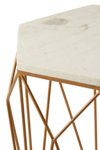 White Marble Top Side Table with Geometric Open Frame Gold Metallic Base | Shalimar