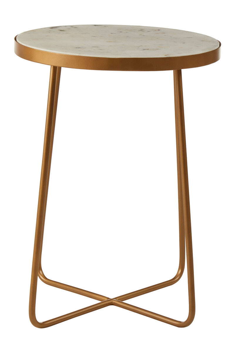 White Marble Top Round Side Table with Flowing Gold Finish Metallic Cross Base | Shalimar