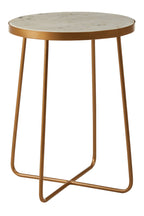 White Marble Top Round Side Table with Flowing Gold Finish Metallic Cross Base | Shalimar