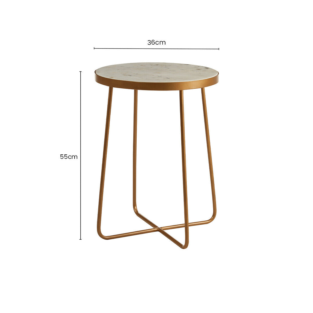 White Marble Top Round Side Table with Flowing Gold Finish Metallic Cross Base | Shalimar