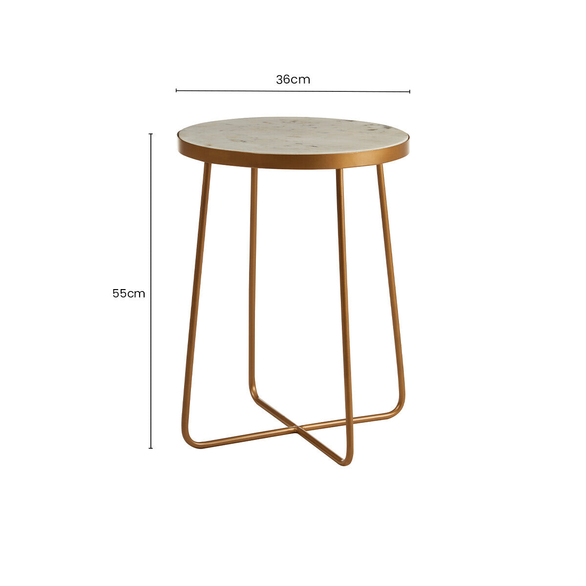 White Marble Top Round Side Table with Flowing Gold Finish Metallic Cross Base | Shalimar