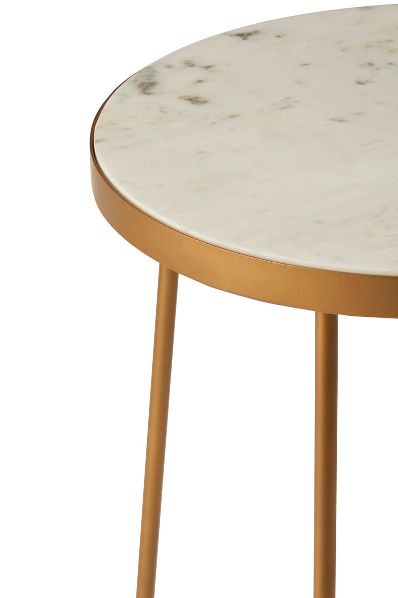White Marble Top Round Side Table with Flowing Gold Finish Metallic Cross Base | Shalimar