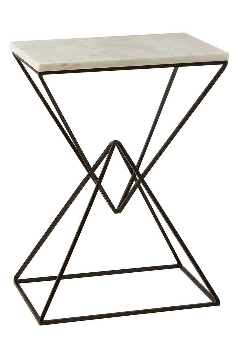 White Marble Top Rectangular Side Table with Black Metallic Prismatic Base | Shalimar