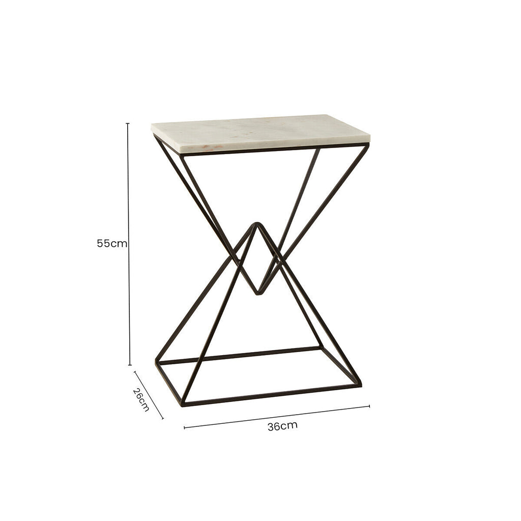 White Marble Top Rectangular Side Table with Black Metallic Prismatic Base | Shalimar