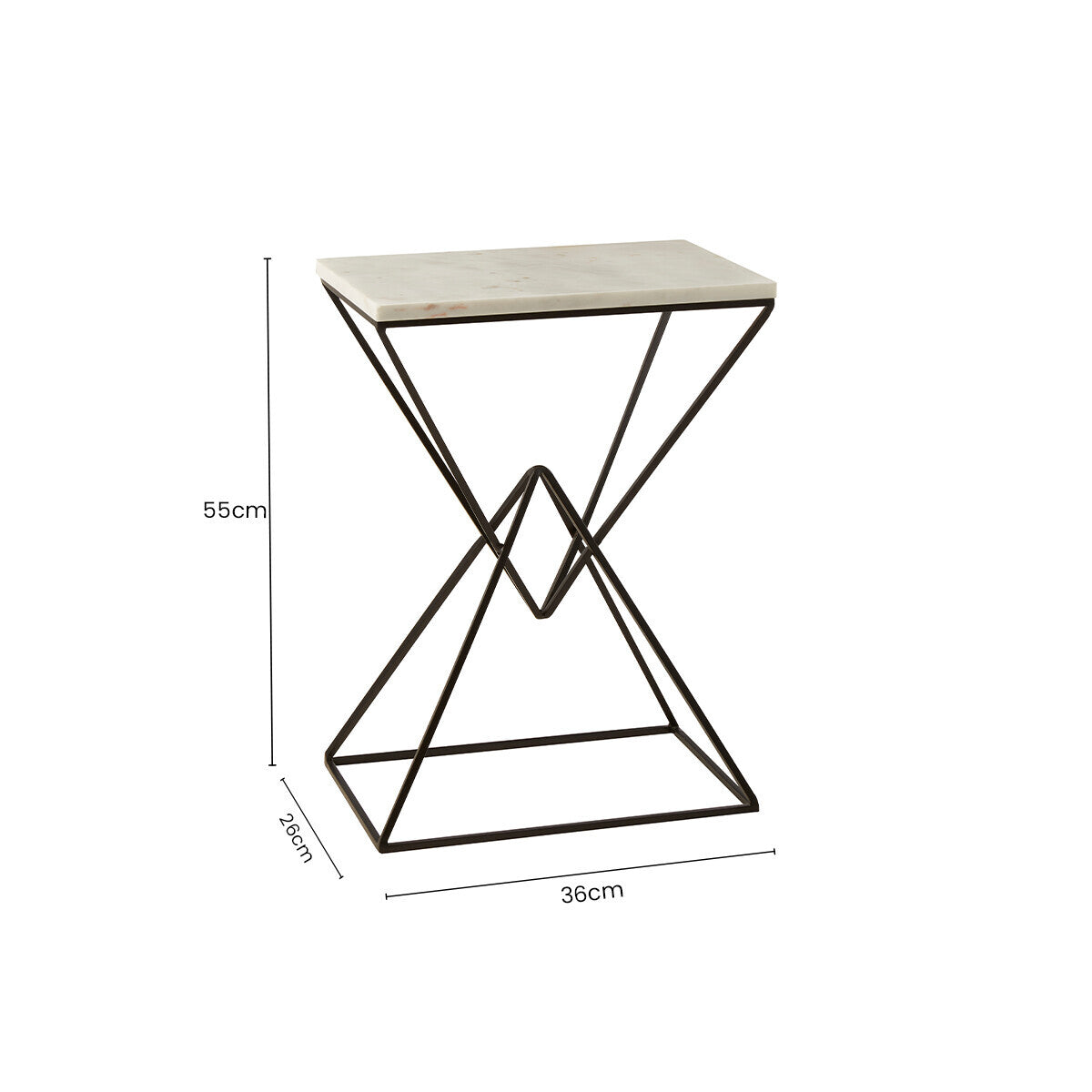 White Marble Top Rectangular Side Table with Black Metallic Prismatic Base | Shalimar