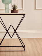 White Marble Top Rectangular Side Table with Black Metallic Prismatic Base | Shalimar
