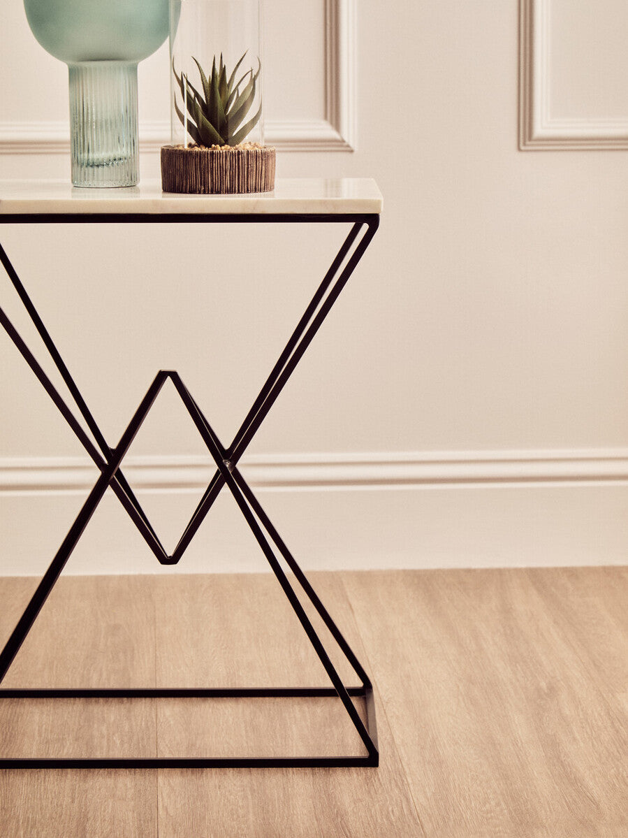 White Marble Top Rectangular Side Table with Black Metallic Prismatic Base | Shalimar