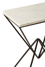 White Marble Top Rectangular Side Table with Black Metallic Prismatic Base | Shalimar