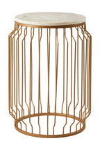 White Marble Top Round Side Table with Reflective Gold Wireframe Metallic Base | Shalimar