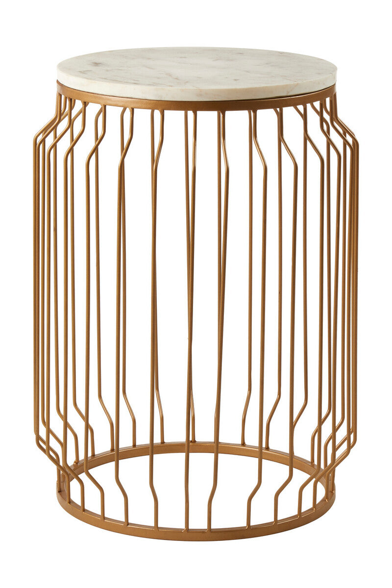 White Marble Top Round Side Table with Reflective Gold Wireframe Metallic Base | Shalimar