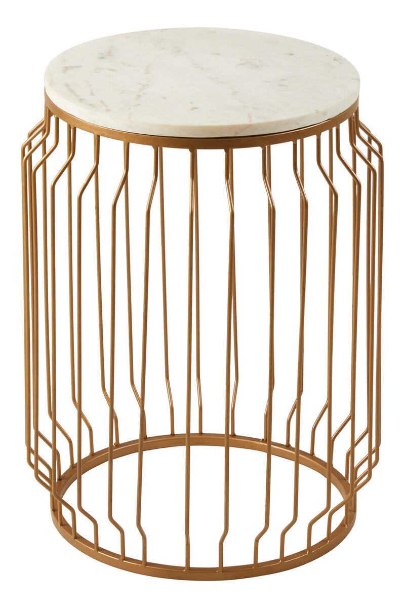 White Marble Top Round Side Table with Reflective Gold Wireframe Metallic Base | Shalimar