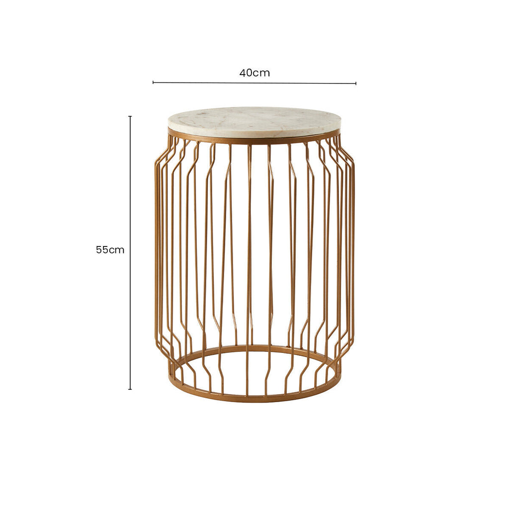 White Marble Top Round Side Table with Reflective Gold Wireframe Metallic Base | Shalimar
