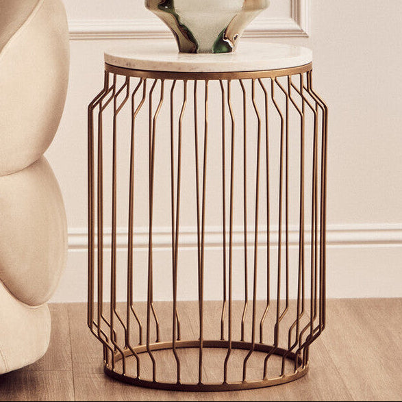 White Marble Top Round Side Table with Reflective Gold Wireframe Metallic Base | Shalimar