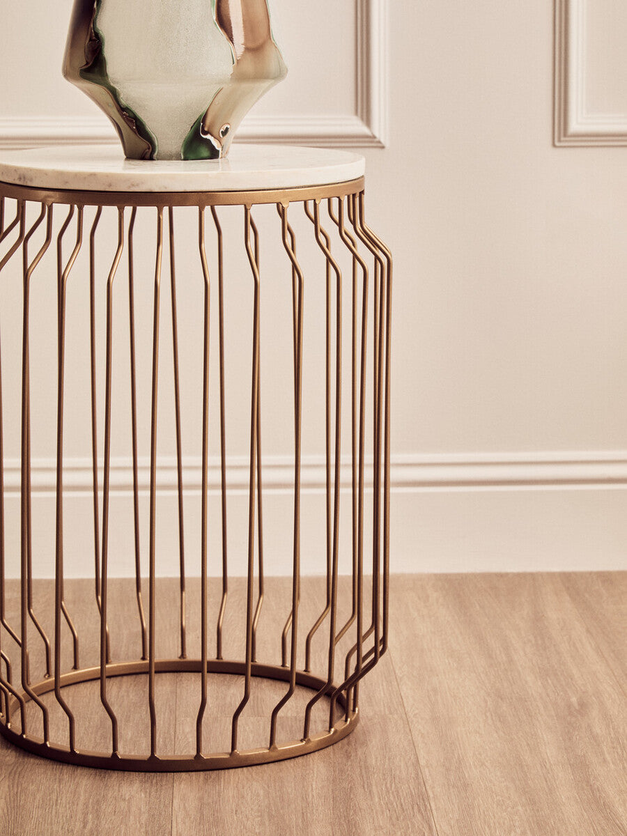 White Marble Top Round Side Table with Reflective Gold Wireframe Metallic Base | Shalimar