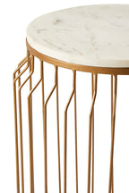 White Marble Top Round Side Table with Reflective Gold Wireframe Metallic Base | Shalimar