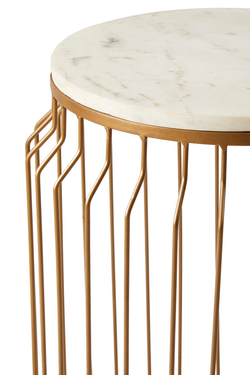 White Marble Top Round Side Table with Reflective Gold Wireframe Metallic Base | Shalimar