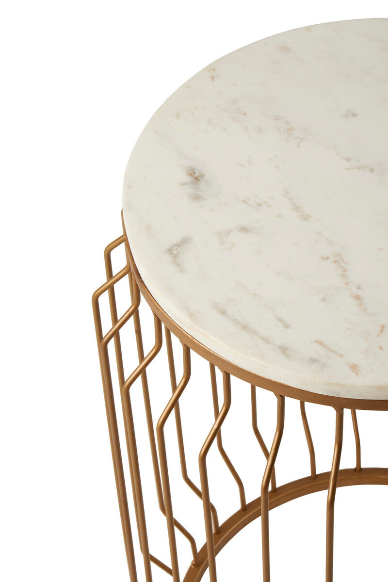 White Marble Top Round Side Table with Reflective Gold Wireframe Metallic Base | Shalimar
