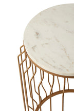 White Marble Top Round Side Table with Reflective Gold Wireframe Metallic Base | Shalimar