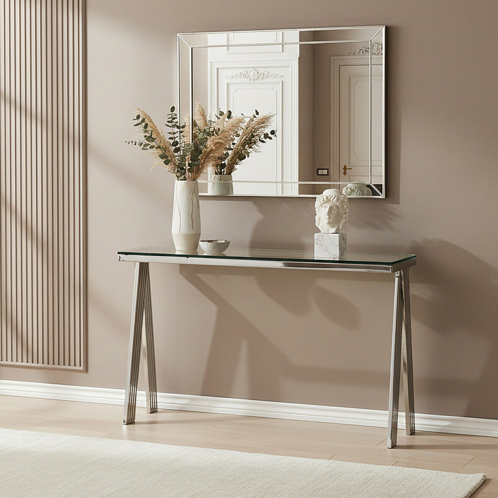 Clear Glass Top Console Table with Silver Finish Stainless Steel Base | Piermount
