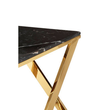 Black Marble Top End Table with Gold-Finished Steel Three Angled Legs and Triangular Base, Piermount