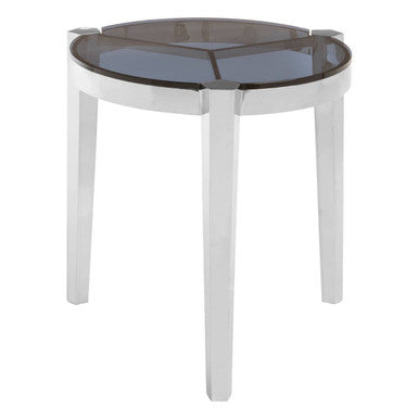 Smoky Grey Glass Round Top End Table with Silver Stainless Steel Frame, Piermount