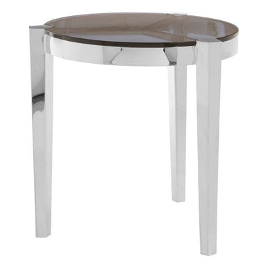 Smoky Grey Glass Round Top End Table with Silver Stainless Steel Frame, Piermount