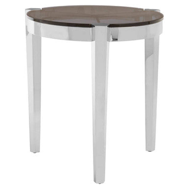 Smoky Grey Glass Round Top End Table with Silver Stainless Steel Frame, Piermount